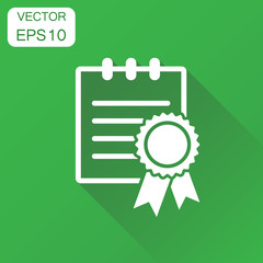 Certificate icon. Business concept diploma award pictogram. Vector illustration on green background with long shadow.