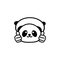 OK logo. Funny little cute panda showing gesture with hand, abstract symbol of approval and adoption. Vector thumbs up logo with the image of a Chinese black and white bear showing its consent