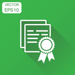 Certificate icon. Business concept diploma award pictogram. Vector illustration on green background with long shadow.