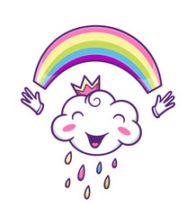 Cute cloud character with colorful rainbow in hands and color rain drops isolated on white background. Vector cartoon style illustration for kids t shirt design
