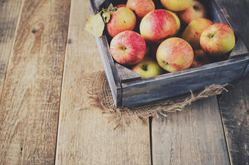 Box with ripe apples on wooden background