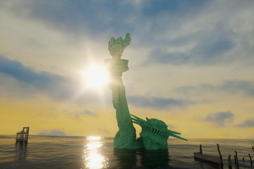 3D Illustration of America the statue of liberty in the water after the flood render © de Art