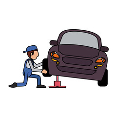 worker changing car tire workshop icon image vector illustration design 