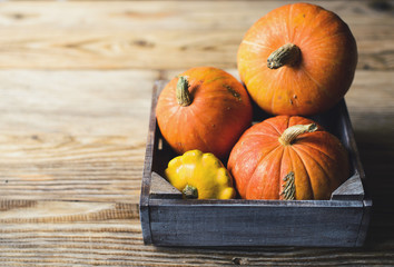 Autumn concept - pumpkins in box on wooden background