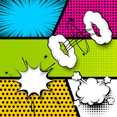 Modèle de couverture de magazine de livre de bandes dessinées pop art. Texte de super-héros comique de bande dessinée drôle de bande dessinée, bulle de dialogue, ballon, message de boîte, bombe éclatée. Illustration de demi-teinte vectorielle. Graphique d