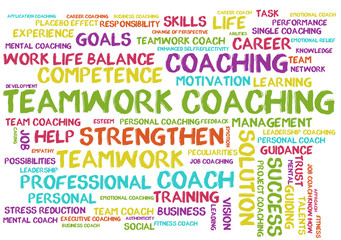Fototapeta premium Teamwork coaching word cloud on a white background