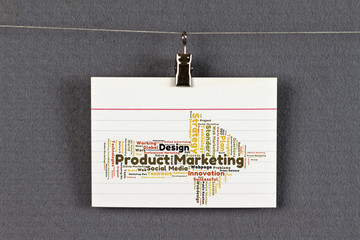 Product Marketing word cloud on a business card pinned up on a board