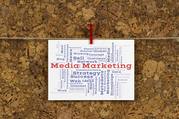 Media Marketing word cloud on business card pinned up on cork board