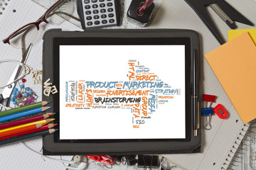 Product Marketing word cloud shaped as a arrow to the right