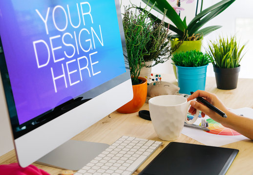 User at Desktop Computer with Drawing Tablet Mockup 1