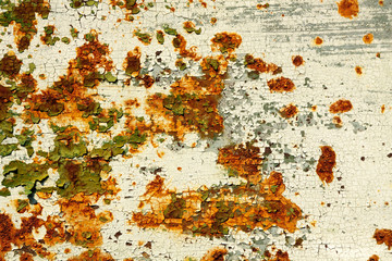 Old metal green and white painted background with streaks of rust.