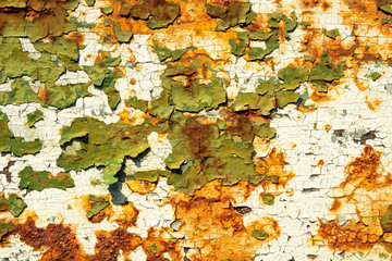 Old metal green and white painted background with streaks of rust.