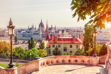 Budapest, Hungary.  Beautiful panoramic view from the Fishermen Bastion at the Hungarian Parliament Building. Image filtered with cross processed.