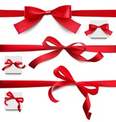 Set of red bows of different shapes with ribbons. Vector illustration on white background. Can be use for decoration gifts, greetings, holidays, etc. - obrazy, fototapety, plakaty