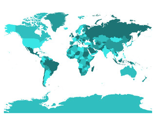 World map in four shades of turquoise on white background. High detail blank political map. Vector illustration with labeled compound path of each country.