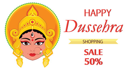 Happy Dussehra greeting card. Maa Durga Face for Hindu Festival.