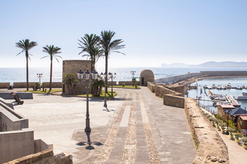 Watchtowers on the city walls in Alghero, Italy