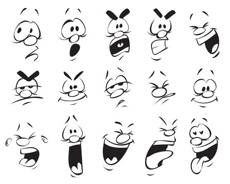 Face Expressions. Cartoon Doodle Back and White Outline