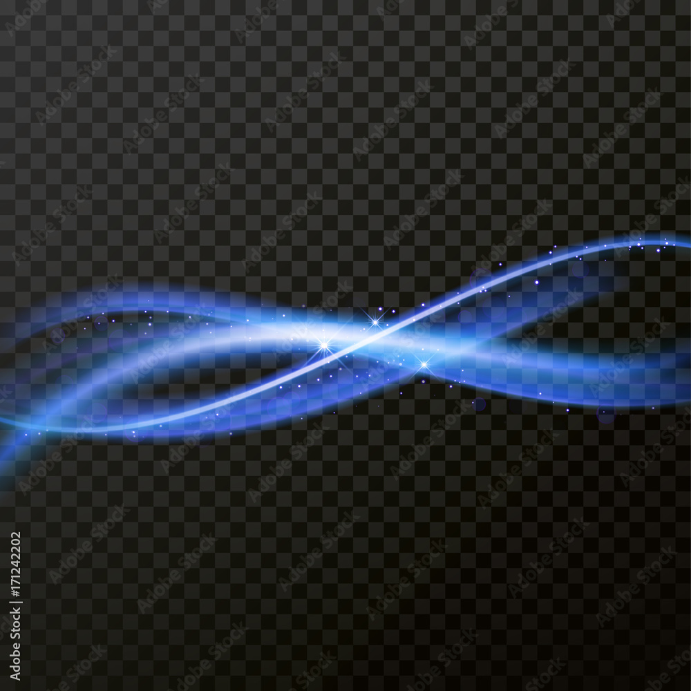 Aufkleber Light line neon swirl effect. Vector glitter blue light fire flare trace. Magic sparkle swirl trail effect on transparent background. Bokeh light glitter round wave line with sparkling particles