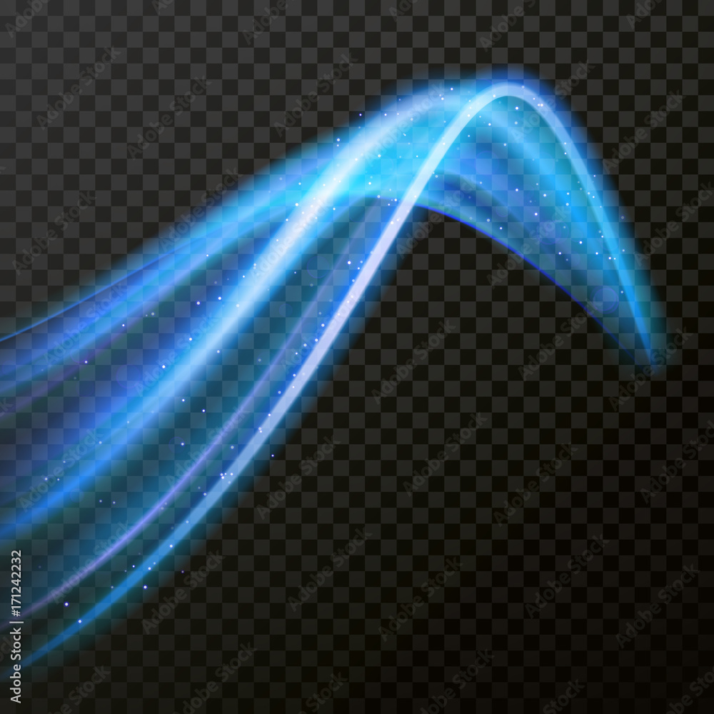Poster Light line neon swirl effect. Vector glitter light fire flare trace. Bokeh blue light glitter round wave line with sparkling particles. Magic sparkle swirl trail effect on transparent background