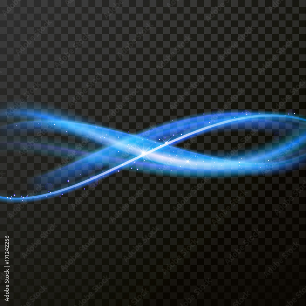 Poster Light trail or neon blue line swirl glittering effect. Vector glitter light of fire flare trace or magic glitter particles sparkles. Bokeh light round wave sparkling glow on transparent background