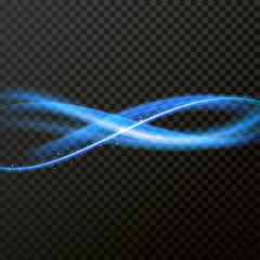 Light trail or neon blue line swirl glittering effect. Vector glitter light of fire flare trace or magic glitter particles sparkles. Bokeh light round wave sparkling glow on transparent background