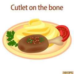 Meat cutlet and garnish. Grilled steak and mashed potatoes. Roasted meat with mashed potatoes. Vector illustration isolated on white background.