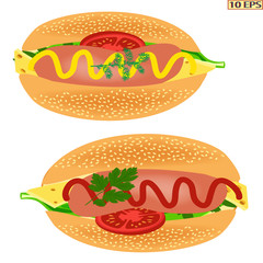  Hot dog. Hot dog with sausage. Delicious hot dog with ketchup. Bun, tomato, cheese, sausage, cheese. Tasty hot dog with sausage, cheese, tomato, lettuce, parsley. Fast food. Vector illustration.