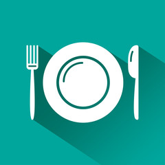 White set - plate, fork, knife on green background. Vector illustration
