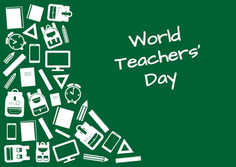 World Teachers' Day. Green background with white school supplies, vector illustration