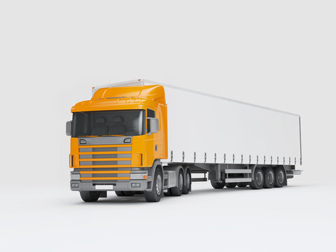 Logistics concept. Cargo truck transporting goods turned into camera. isolated on white background. Front perspective view. 3D illustration