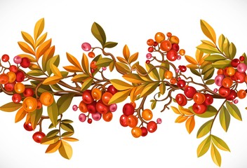 Seamless horizontal autumn garland of branches with leaves and red berries isolated on white background