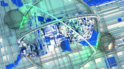 Astronave spaziale, città del futuro, fantascienza, sci-fi, parallelepipedi, centro urbano, unità abitative, spazio. Base spaziale