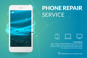 Phone repair service banner template. Smartphone with broken screen on blue background. Repairing electronics. Advertising concept. Vector eps 10.