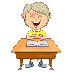 Boy studying with school table cartoon