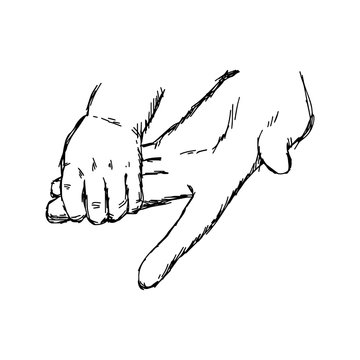hand of baby and mother holding vector illustration sketch hand drawn with black lines, isolated on white background. Family concept