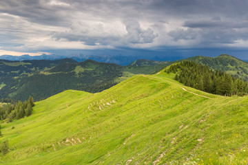 Obraz premium Bavarian Alps with mountain view and meadows in the Allgau