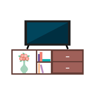 living room interior tv on stand library wooden book shelf flowers drawers vector illustration