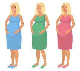Cute illustration of a happy beautiful pregnant blond woman in green, blue and pink dress. Vector illustration
