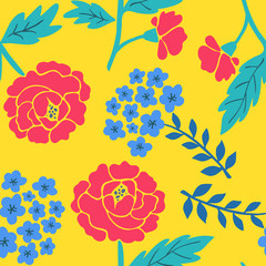 Bright romantic tender colorful seamless hand-drawn floral pattern with red and blue flowers on a yellow background. Vector illustration.