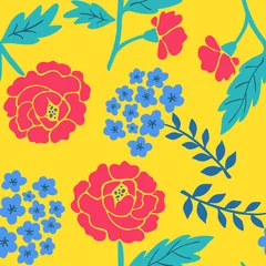 Tuinposter Bright romantic tender colorful seamless hand-drawn floral pattern with red and blue flowers on a yellow background. Vector illustration. © mejorana777