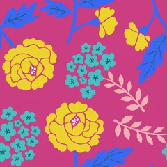 Fototapeten Bright romantic tender colorful seamless hand-drawn floral pattern with yellow and blue flowers on a purple background. Vector illustration. © mejorana777