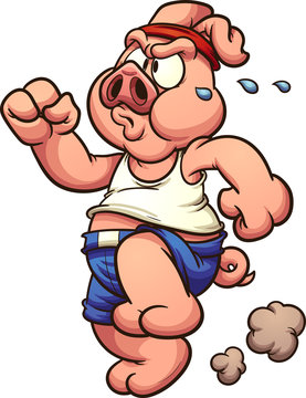 Cartoon pig exercising. Vector clip art illustration with simple gradients. All in a single layer. 