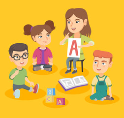 Young caucasian teacher teaching a group of children the alphabet. Teacher holding a paper with letter A. Concept of education and preschool lesson. Vector sketch cartoon illustration. Square layout.