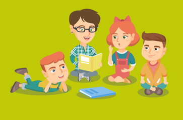 Caucasian teacher sitting on the floor with children and reading a book in the kindergarten. Group of children listening to a teacher reading a book. Vector sketch cartoon illustration. Square layout.