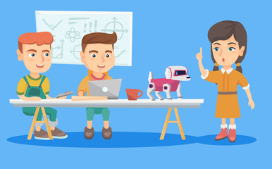 Little caucasian scientists engineering a robotic dog at science school lesson. Schoolkids using a laptop for programming a robot at tech lesson. Vector sketch cartoon illustration. Square layout.