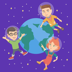 Caucasian astronaut kids flying in space on the background of Earth planet. Children in the helmet of astronaut taking part in space expedition. Vector sketch cartoon illustration. Square layout.