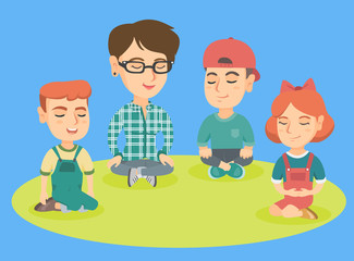 Young caucasian kindergarten teacher and kids sitting in the circle and meditating. Teacher and kids doing yoga exercise. Childhood education concept. Vector sketch cartoon illustration. Square layout