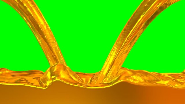 Animated gold paint or melted gold pouring and splashing filling up whole container against green background. Two inflow sources.
