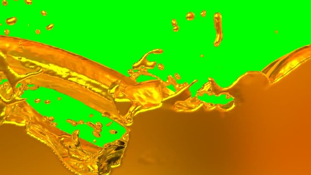 Animated stream of gold paint or melted gold pouring and splashing filling up whole container against green background.